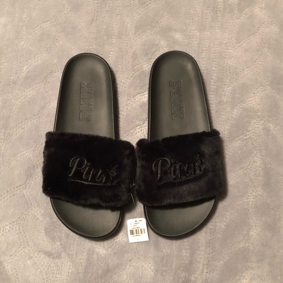 victoria secret pink faux fur slides